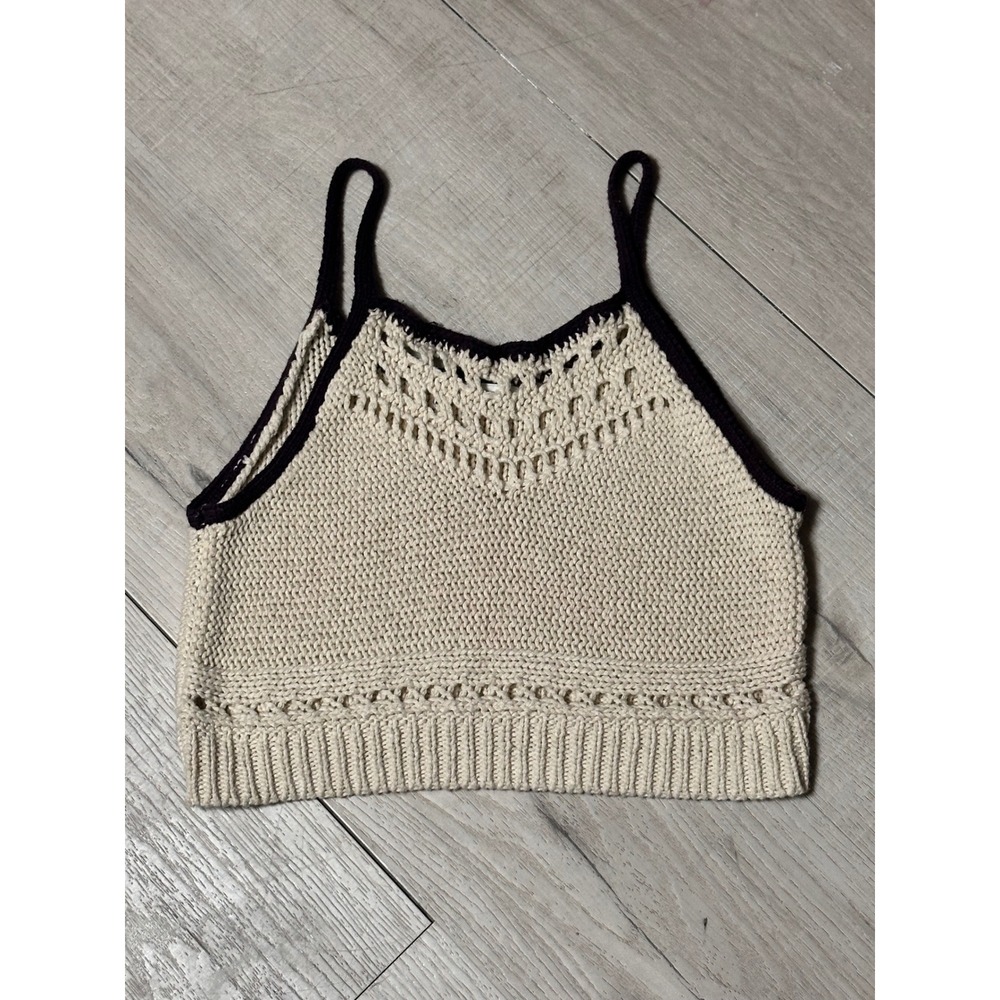 American Eagle Outfitters Womens Crochet Knit Crop Tank Top Cream Brown Boho XS